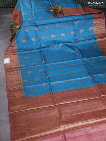 Banarasi tussar silk saree peacock blue and rust shade with thread & zari buttas and banarasi style border