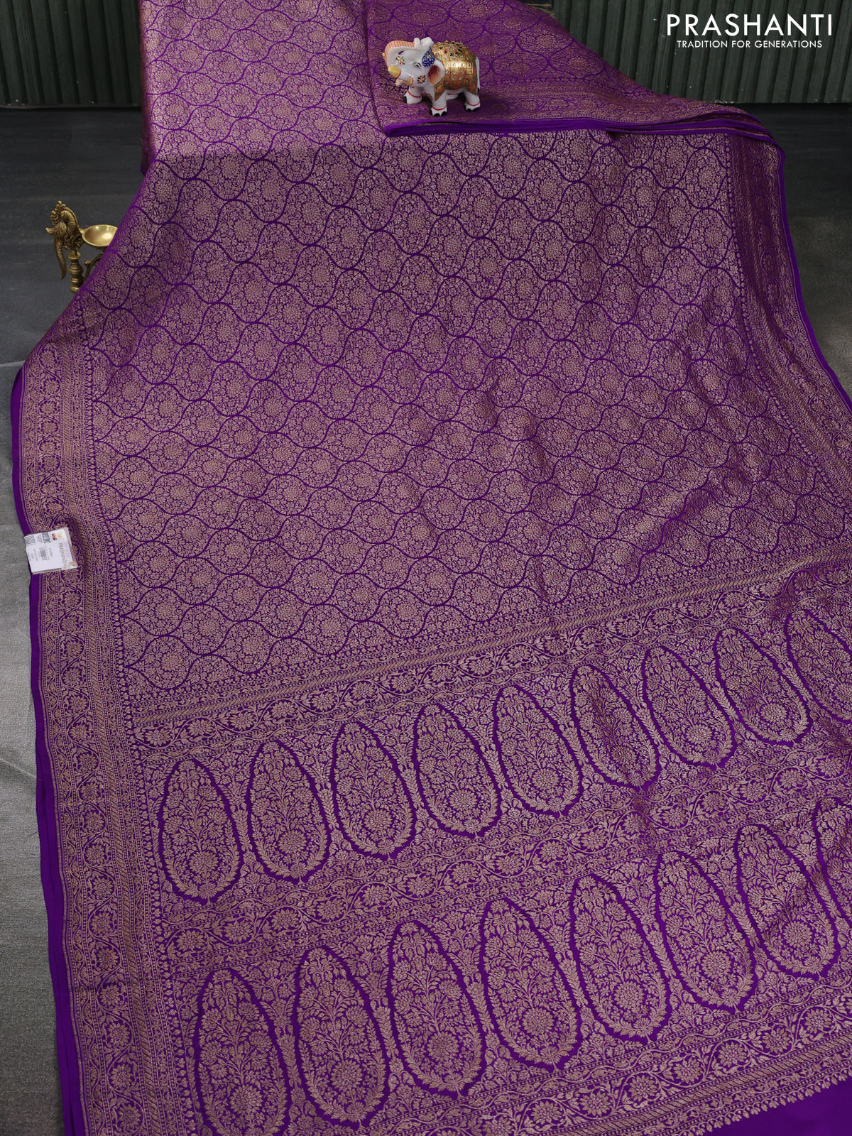 Banarasi crepe saree violet with allover thread & zari brocade weaves and woven border