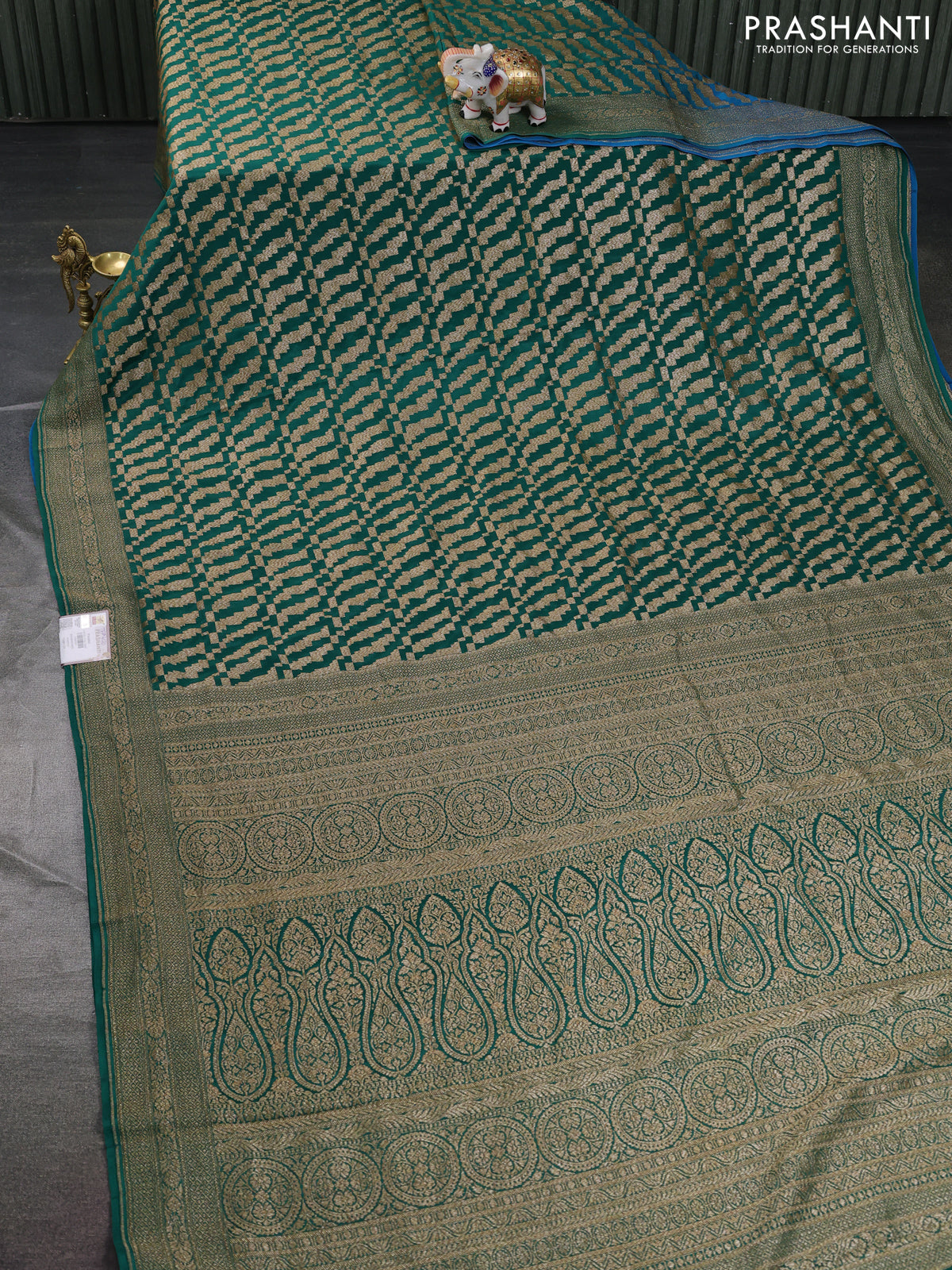 Banarasi crepe saree green and peacock blue with allover geometric zari weaves and woven border
