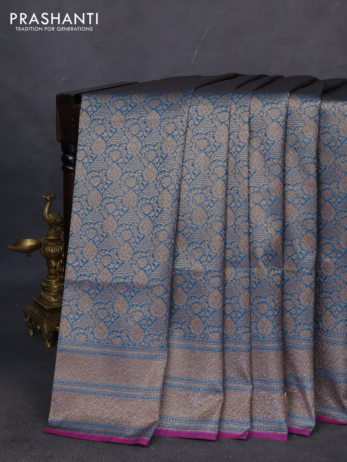 Banarasi semi katan saree peacock blue and purple with allover zari woven brocade weaves and woven border