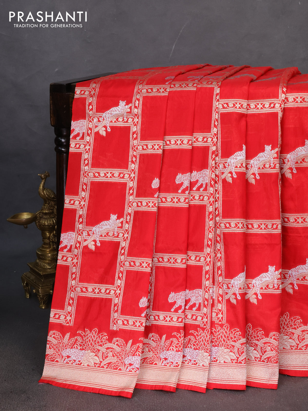 Banarasi semi katan saree red with allover zari weaves and zari woven border