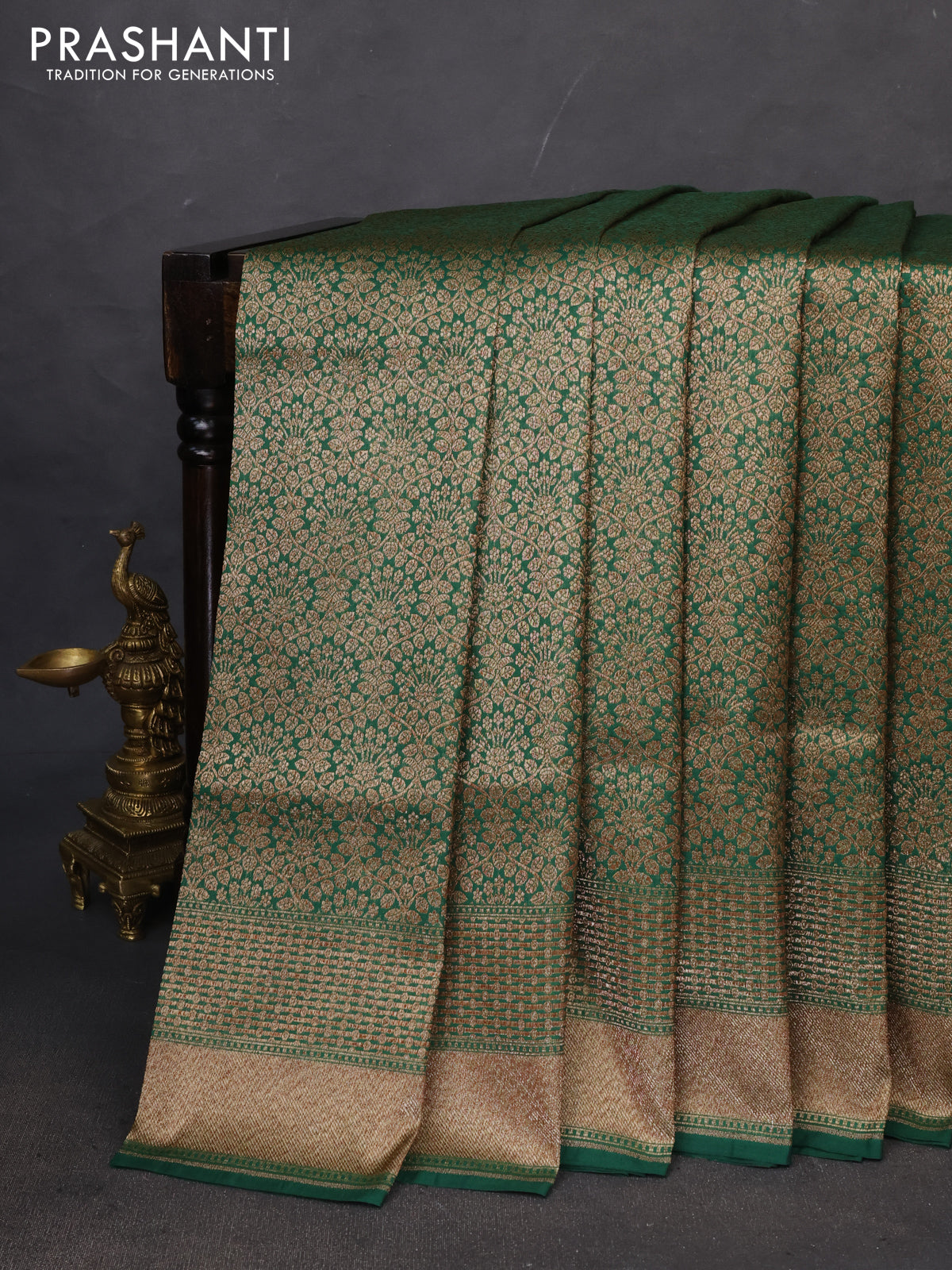 Banarasi semi katan saree green with allover thread & zari brocade weaves and woven border