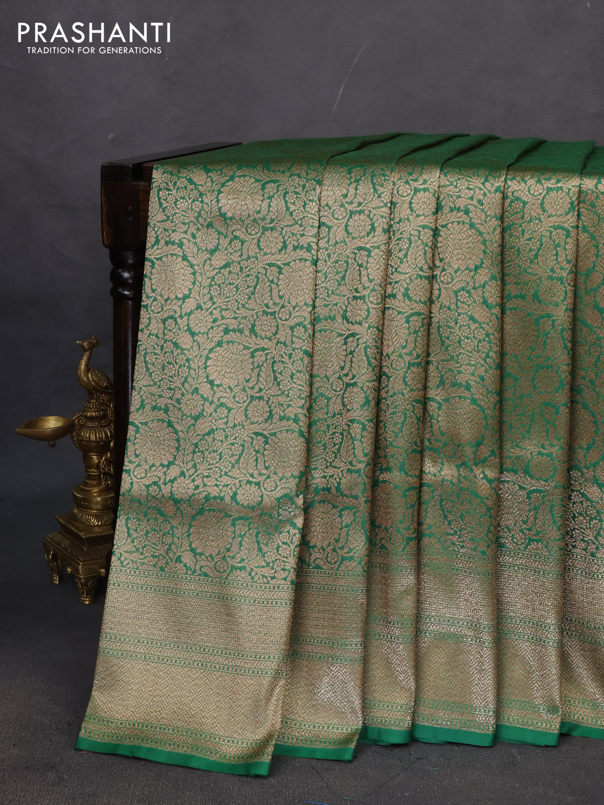 Banarasi semi katan saree green with allover thread & zari woven brocade weaves and woven border