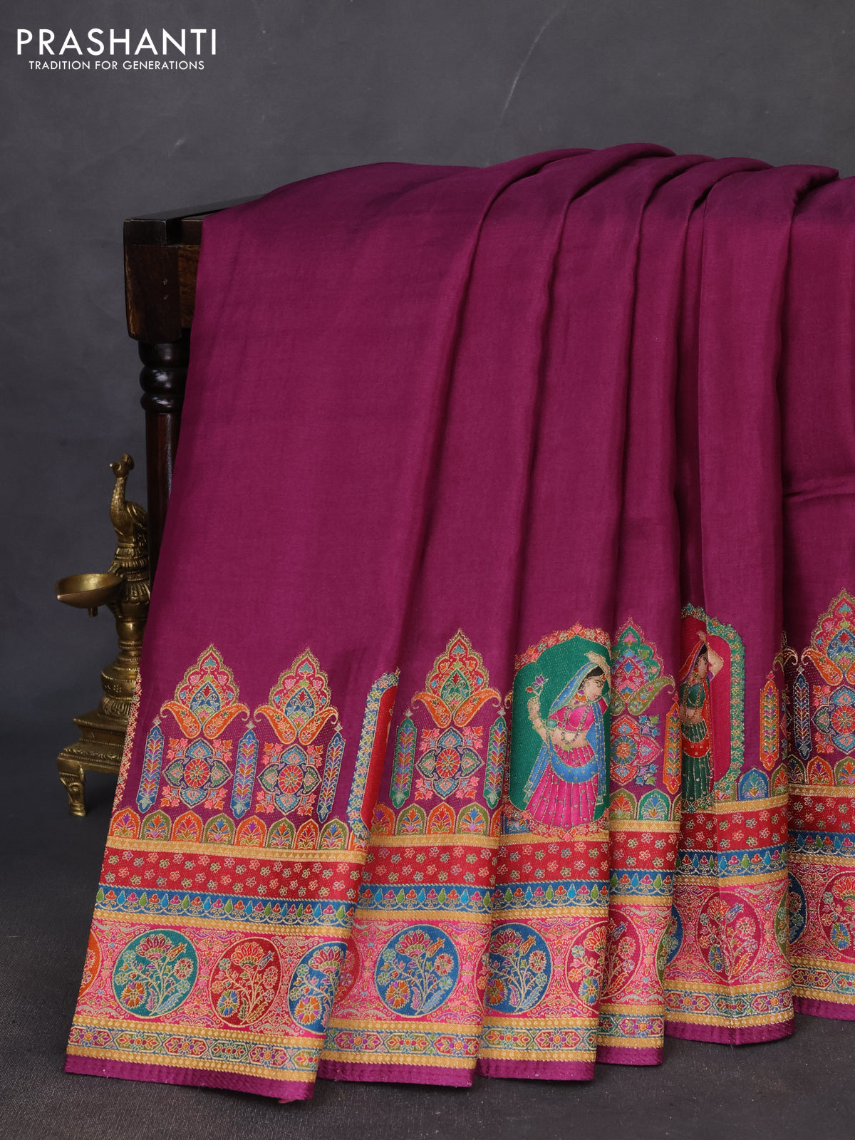 Banarasi silk saree deep purple with plain body and position prints