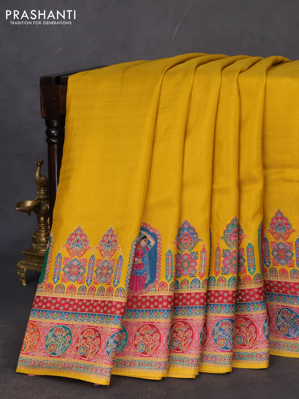 Banarasi silk saree mustard yellow with plain body and position prints