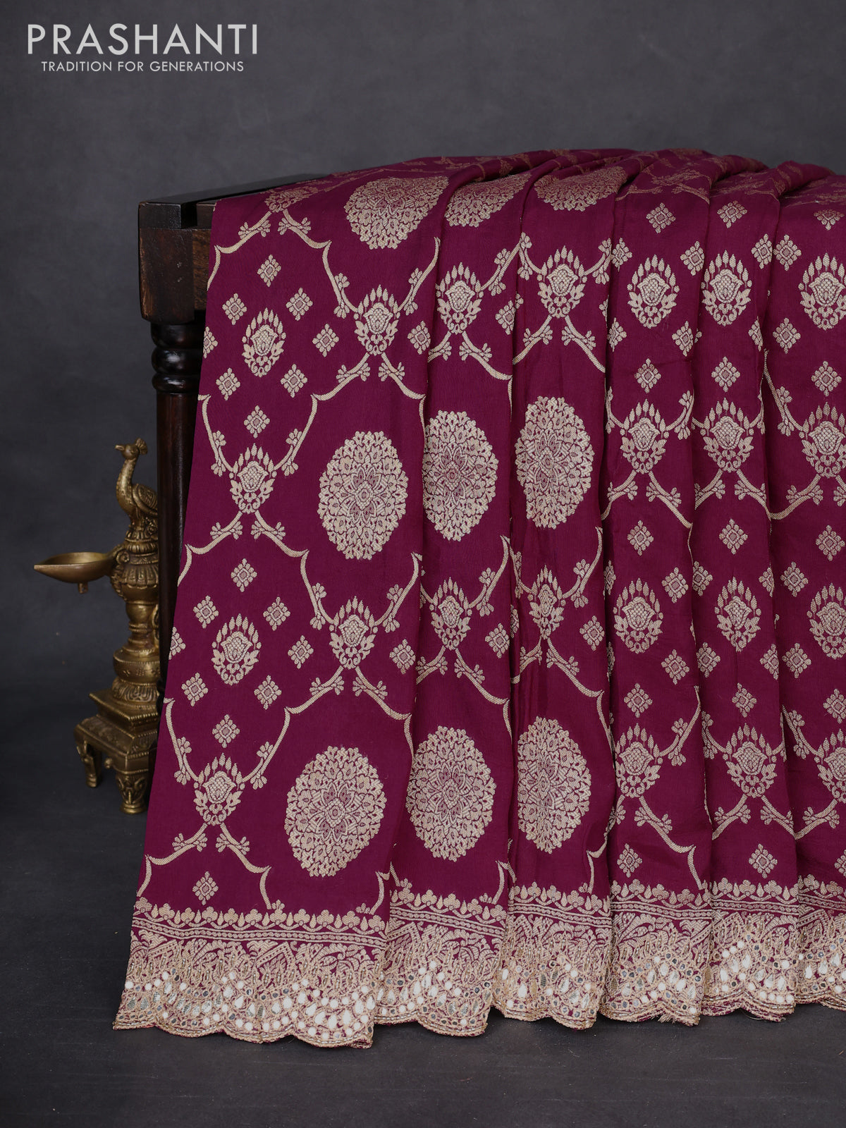Banarasi silk saree wine shade with allover zari woven jaal weaves and gotapatti work border