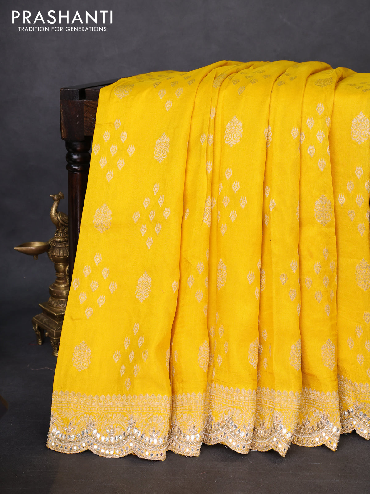 Banarasi silk saree yellow with allover zari woven butta weaves and gotapatti work border