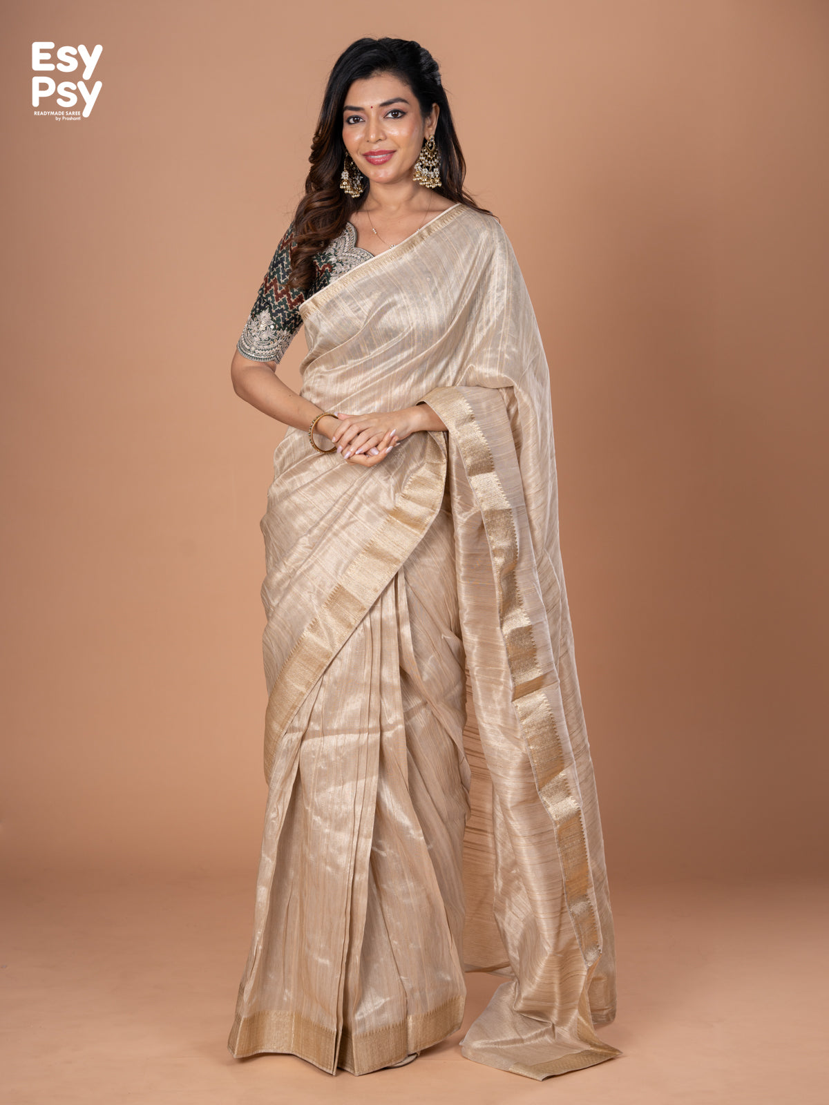 Beige Raw Silk readymade saree with readymade ajrakh printed blouse