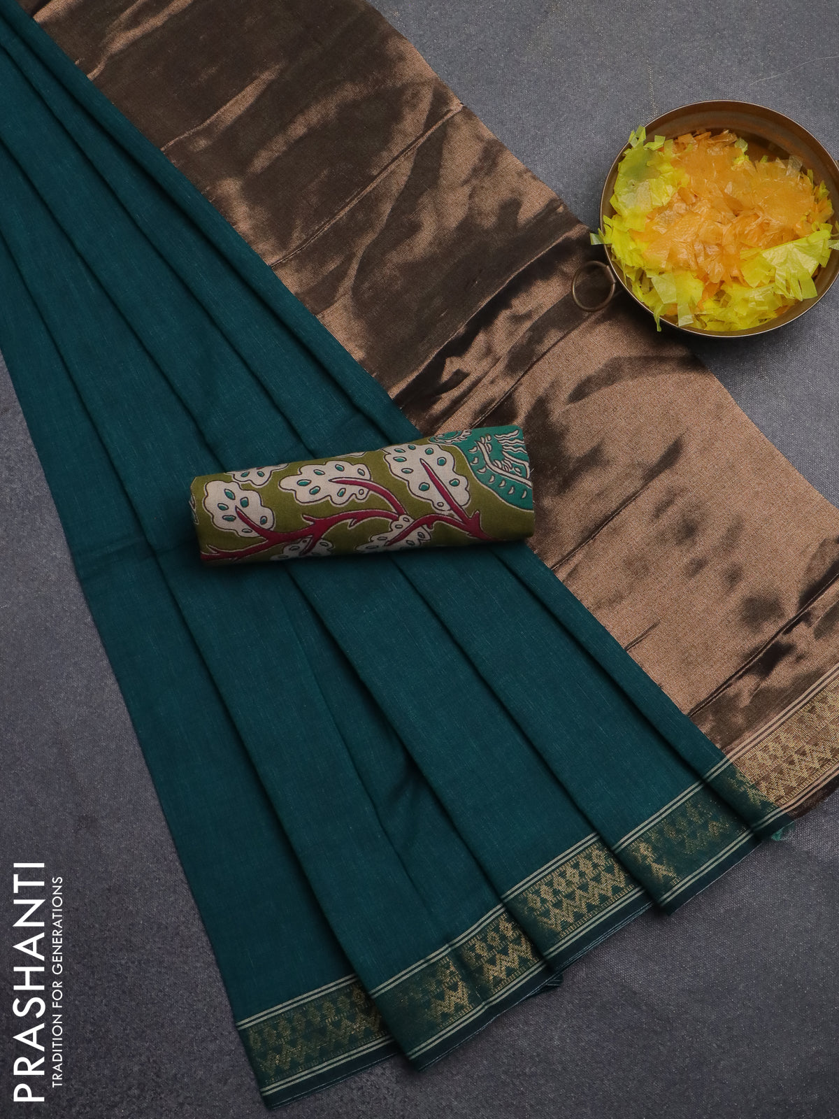 Bengal soft cotton saree teal green and sap green with plain body and zari woven border