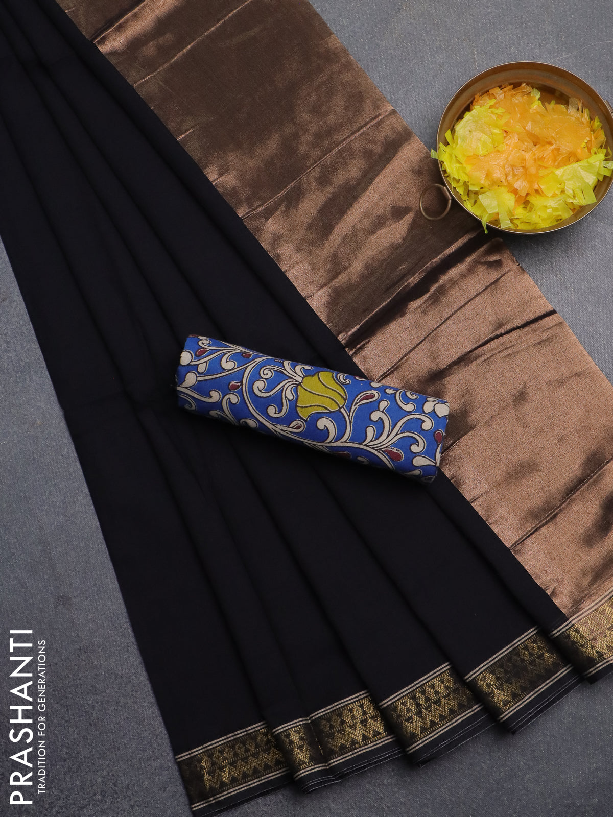 Bengal soft cotton saree black and blue with plain body and zari woven border
