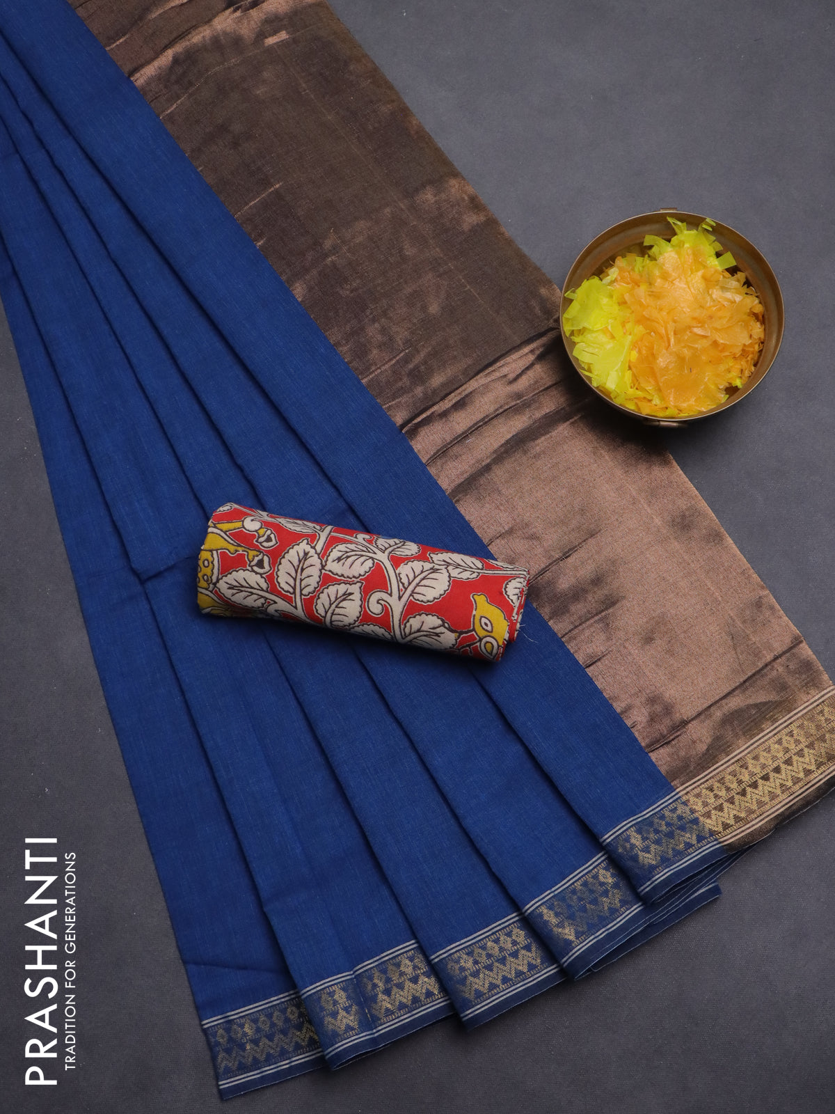 Bengal soft cotton saree cs blue and red with plain body and zari woven border