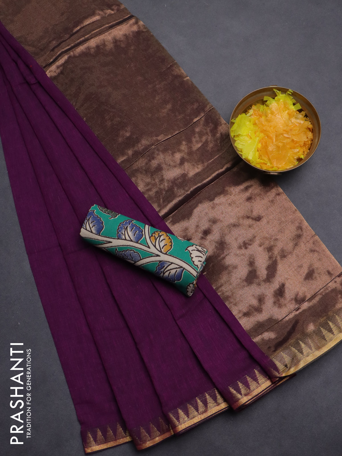 Bengal soft cotton saree purple with plain body and zari woven border