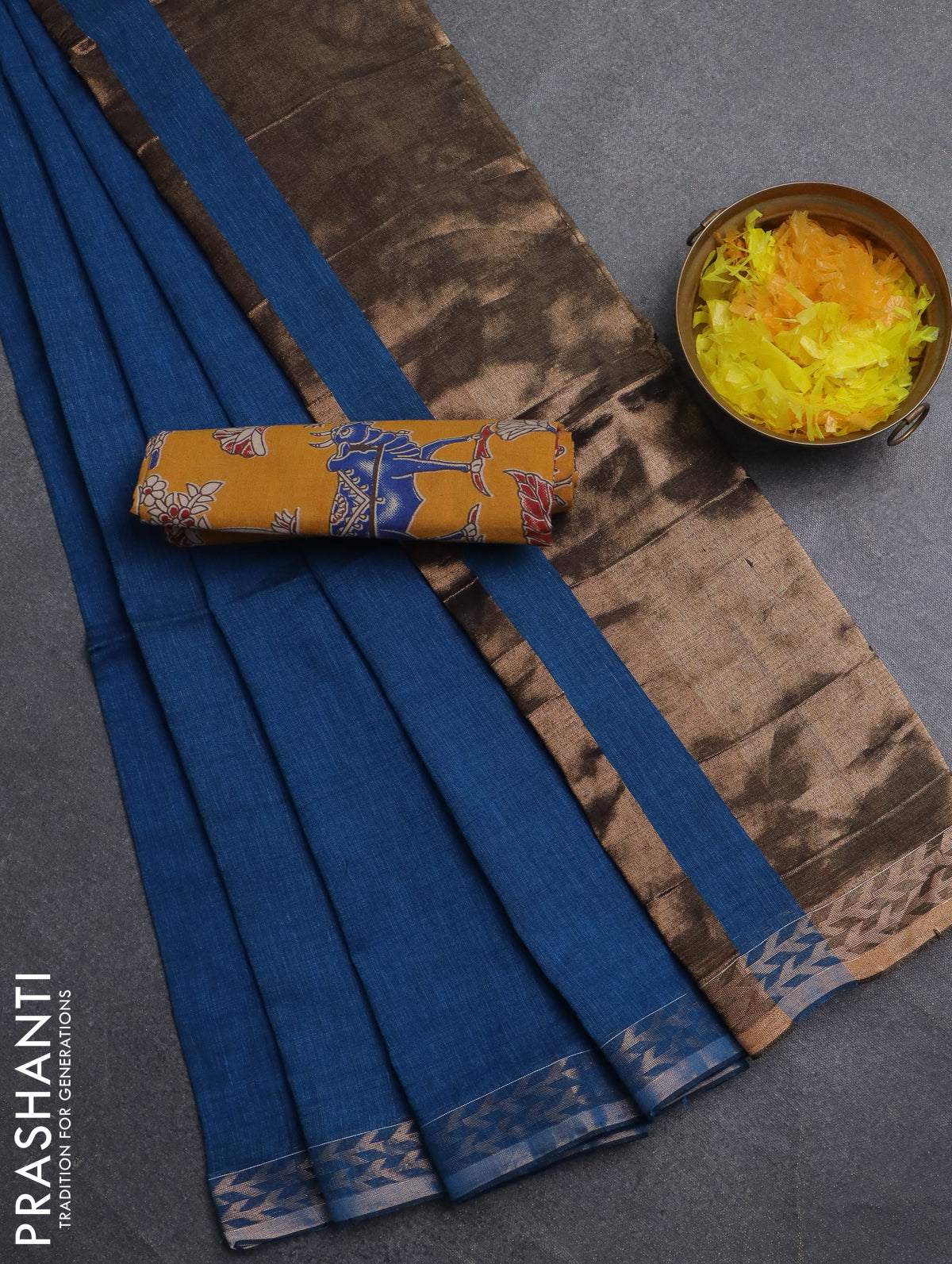 Bengal soft cotton saree cs blue and mustard yellow with plain body and zari woven border