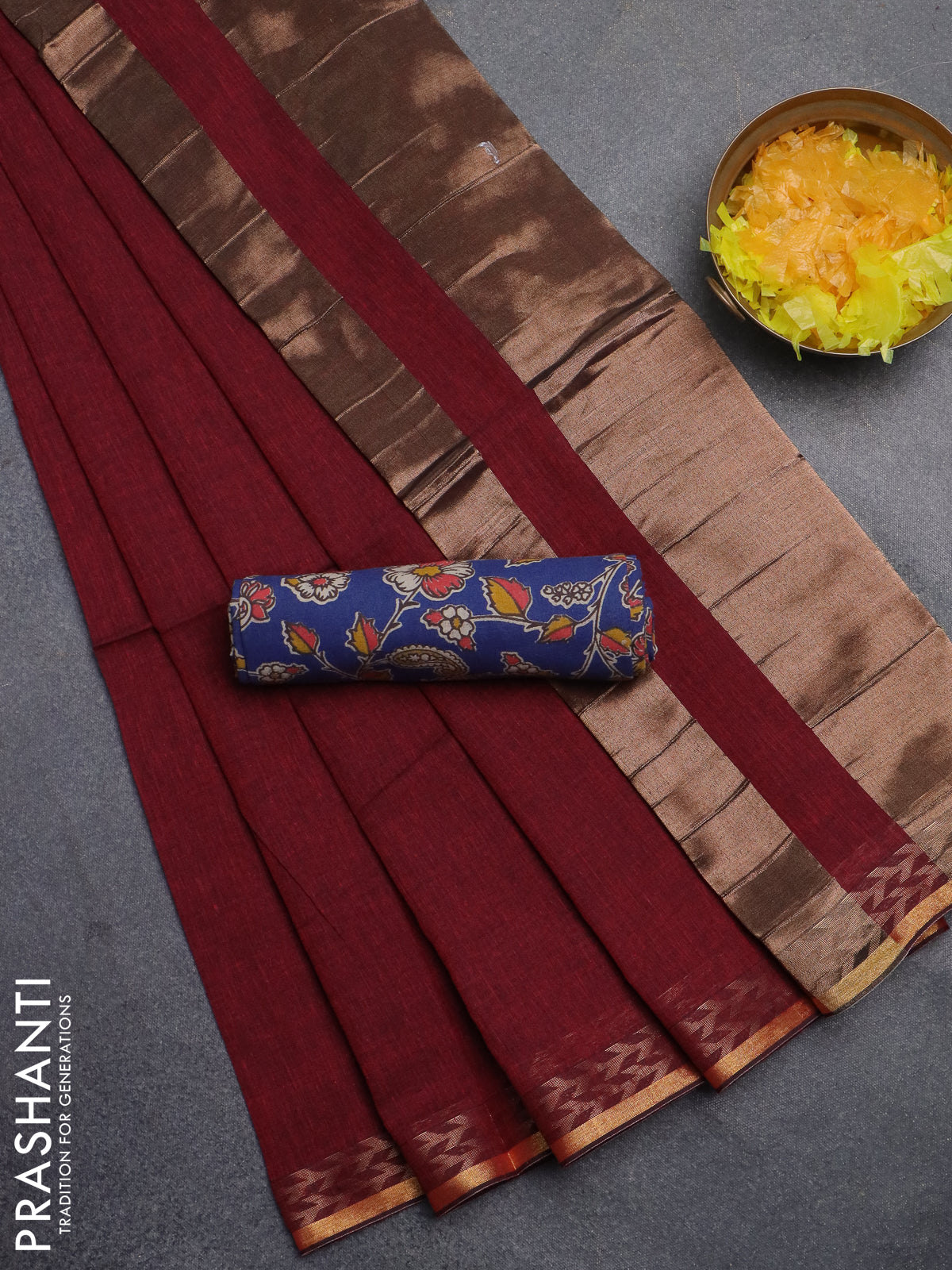Bengal soft cotton saree maroon and blue with plain body and zari woven border