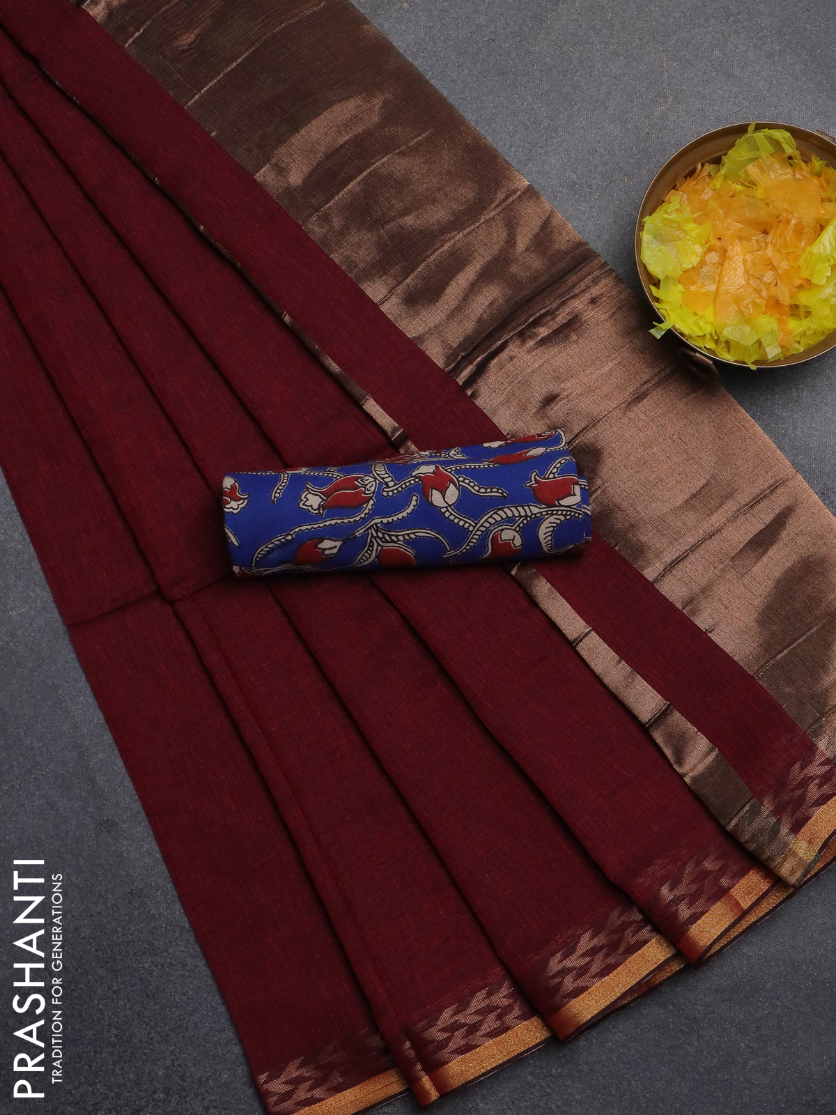 Bengal soft cotton saree deep maroon and blue with plain body and zari woven border