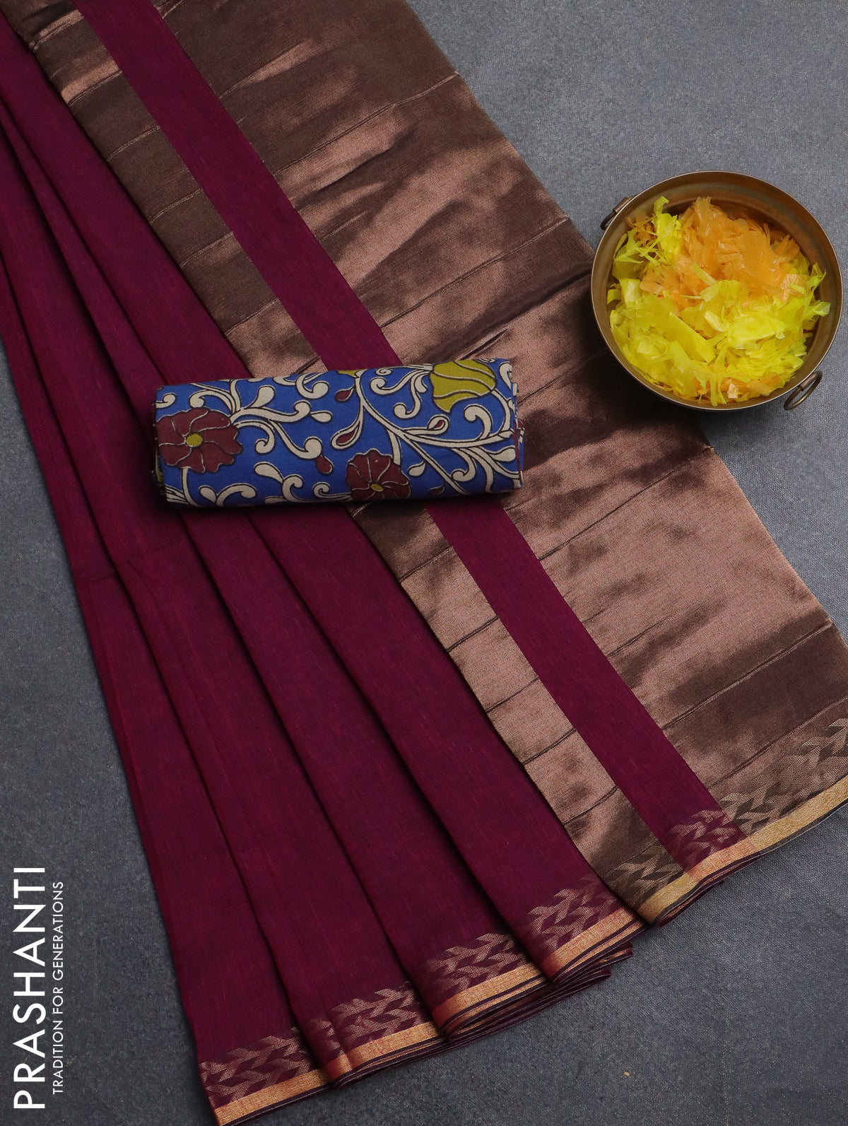 Bengal soft cotton saree dark magenat pink and blue with plain body and zari woven border