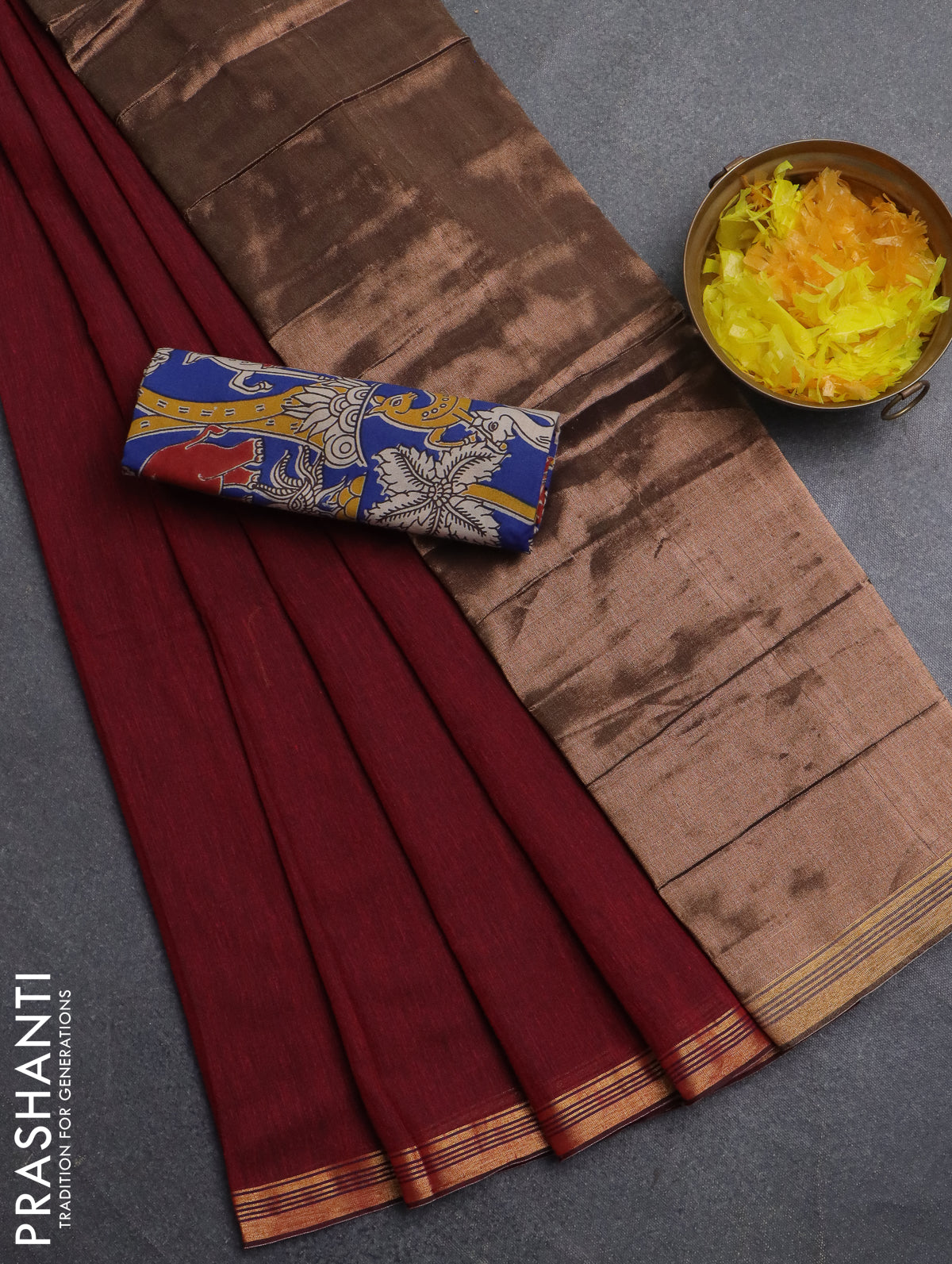 Bengal soft cotton saree maroon and blue with plain body and zari woven border