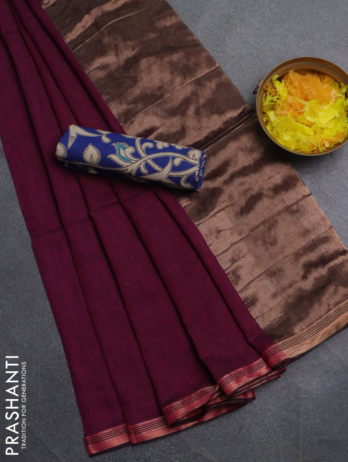 Bengal soft cotton saree dark magenta pink and blue with plain body and zari woven border