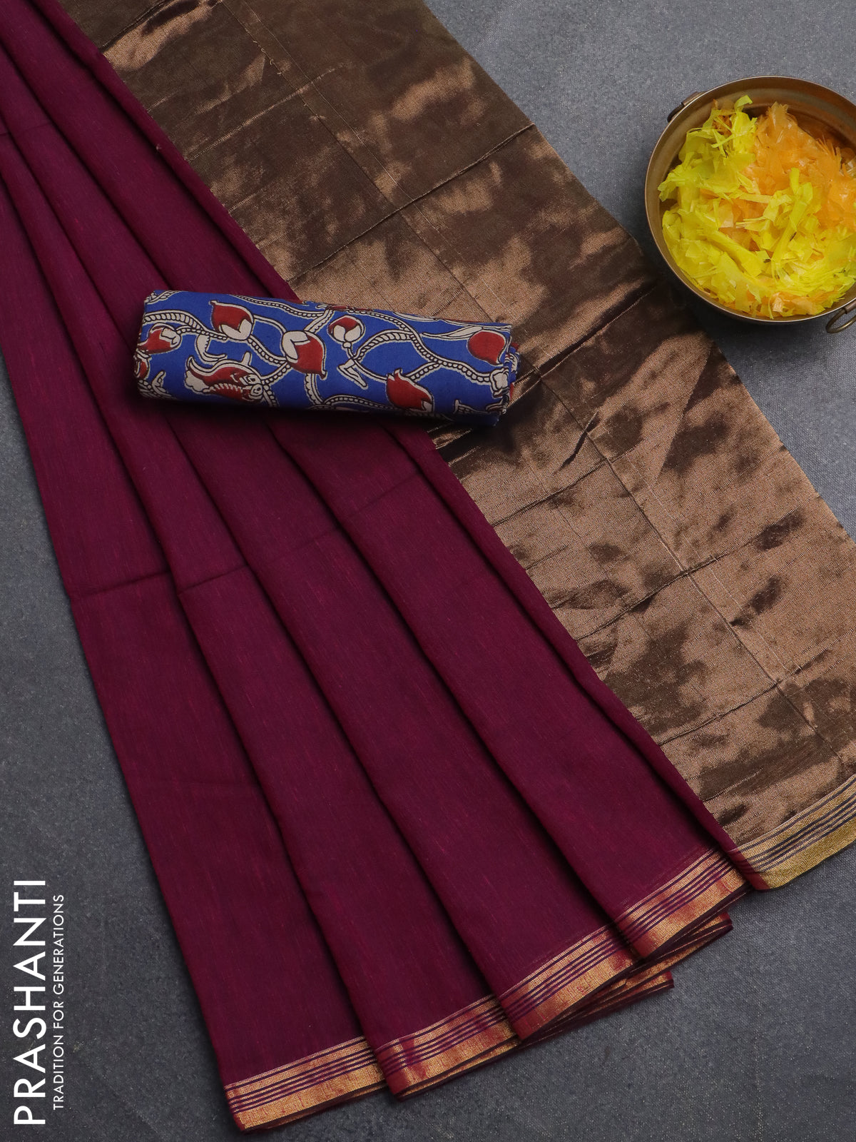 Bengal soft cotton saree dark magenta pink and blue with plain body and zari woven border