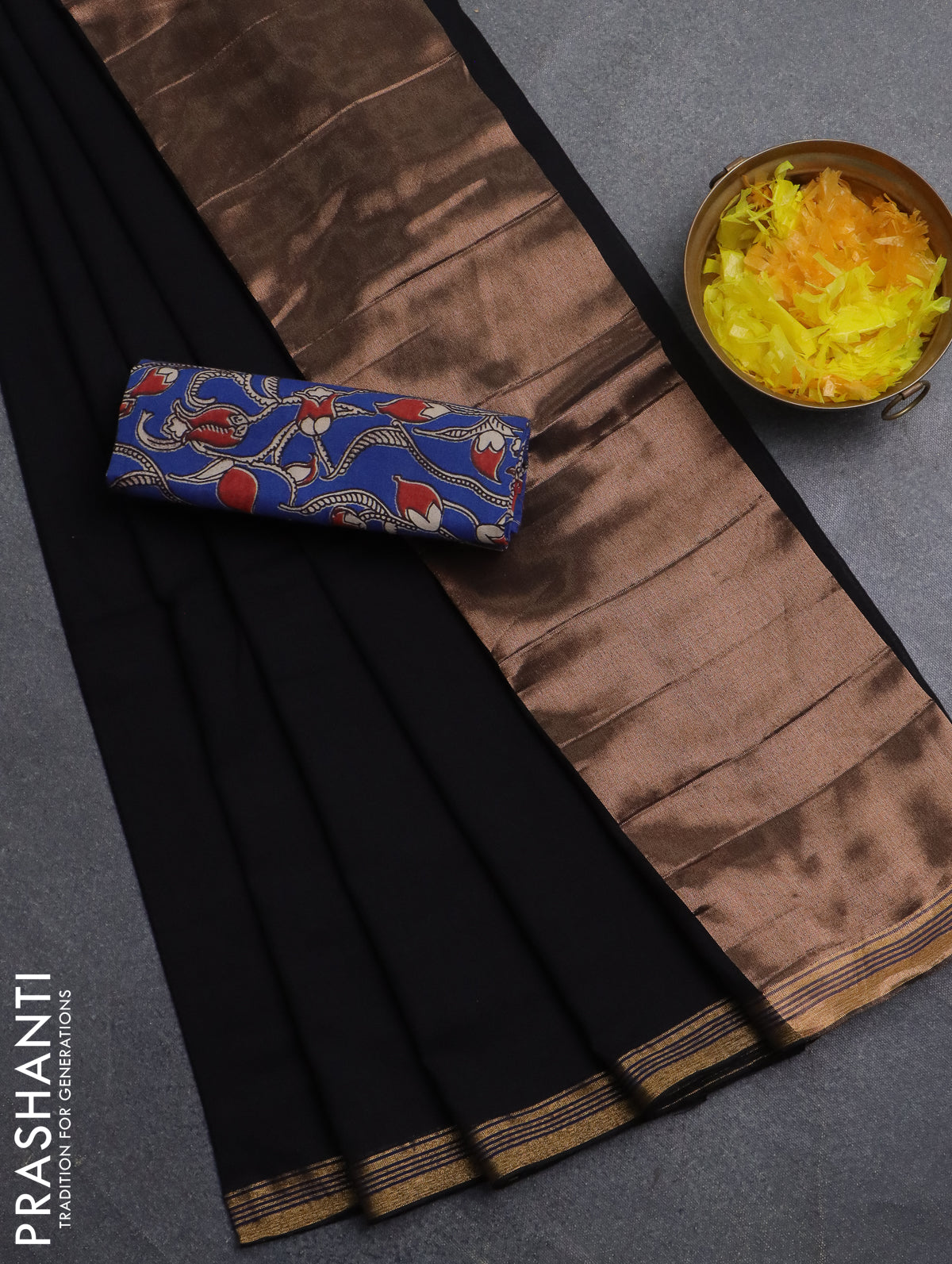 Bengal soft cotton saree black and blue with plain body and zari woven border