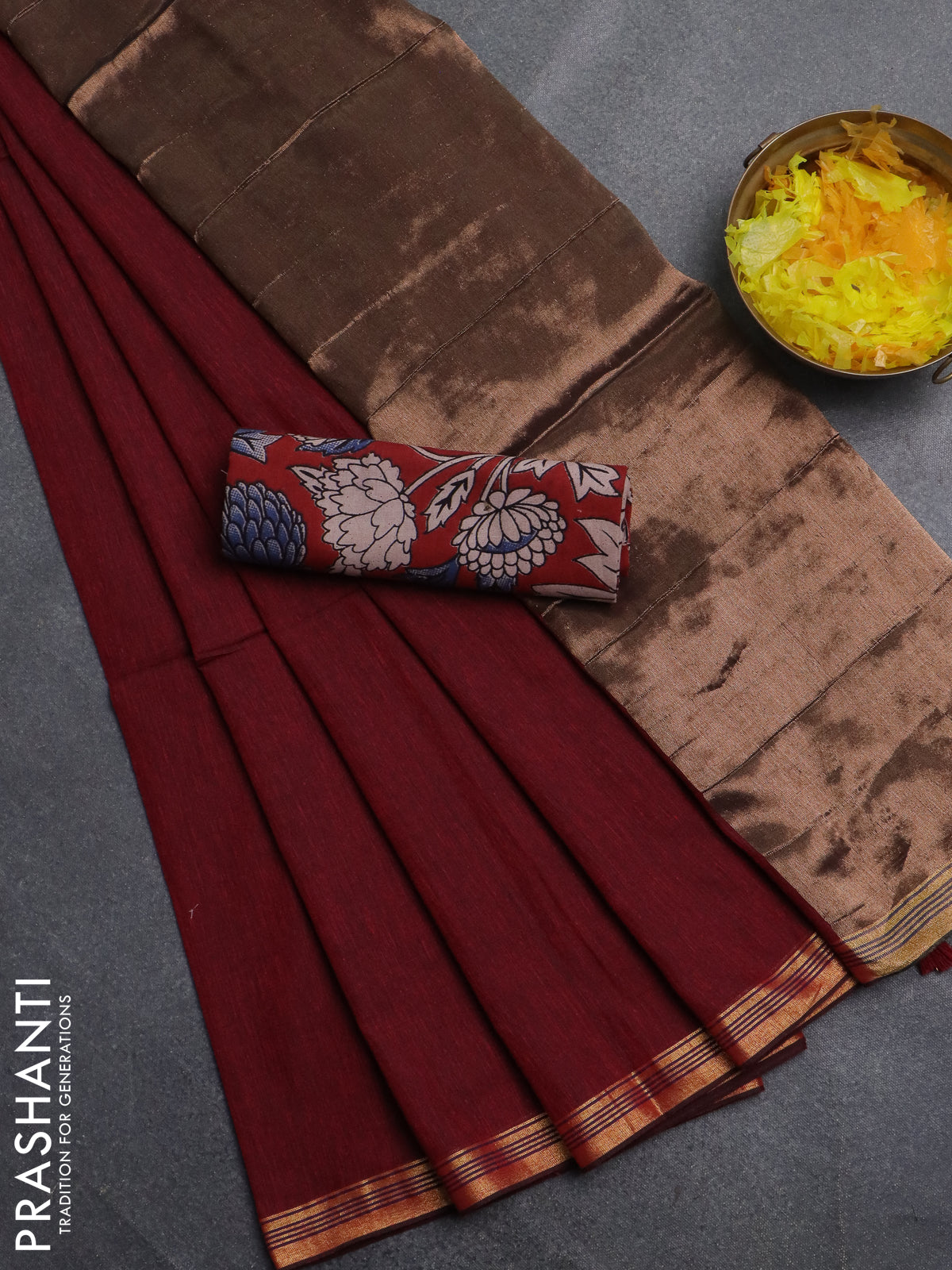 Bengal soft cotton saree maroon with plain body and zari woven border