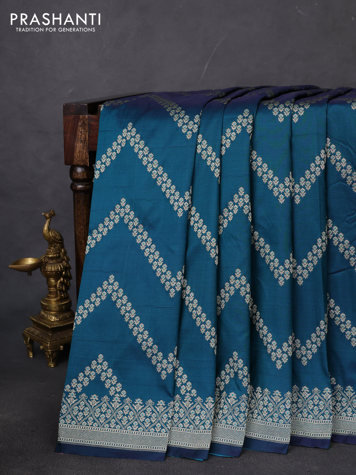 Banarasi semi mushru silk saree dual shade of blue with allover zig zag zari weaves and zari woven border