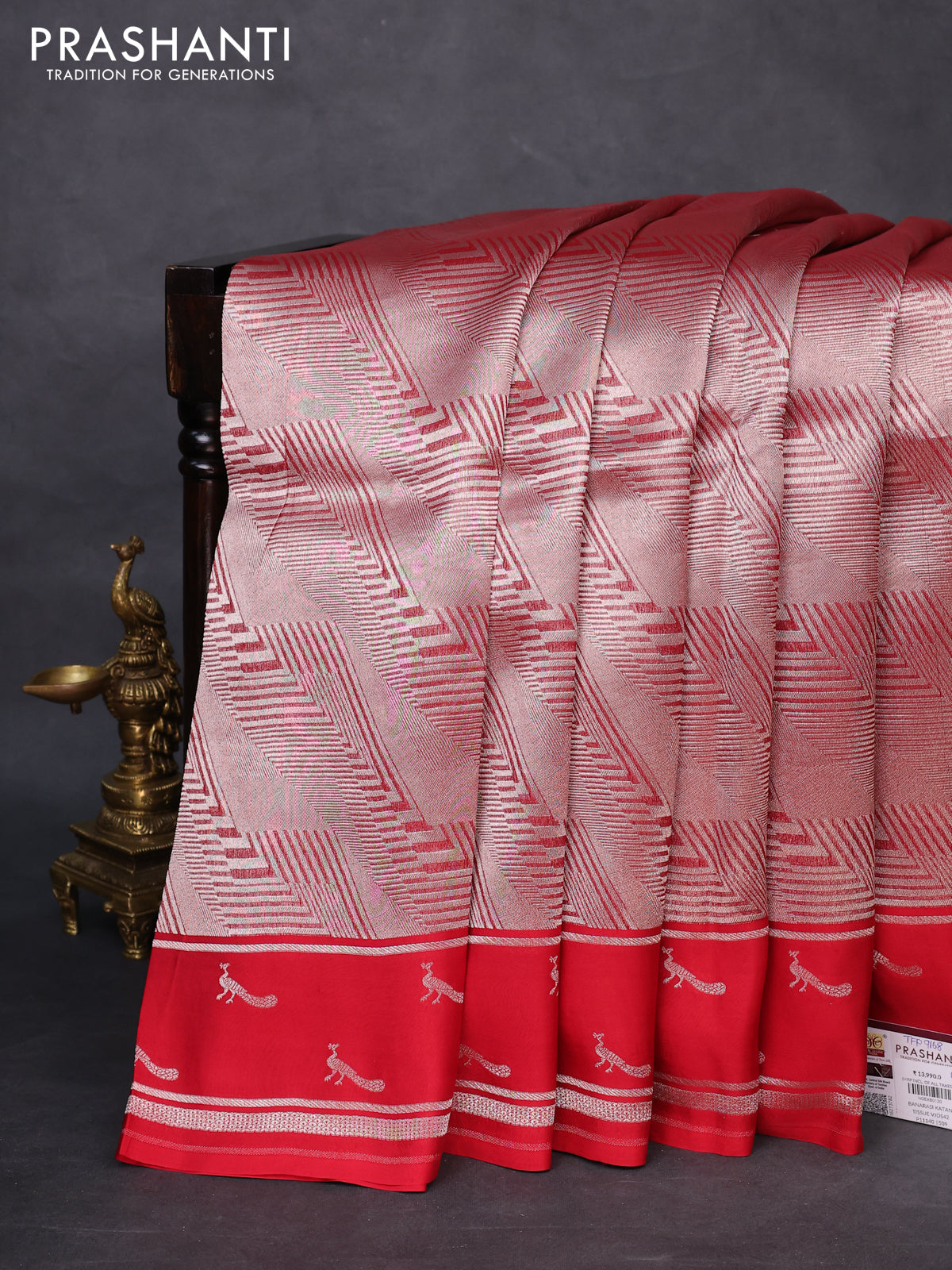 Banarasi katan silk saree red with allover silver zari woven brocade weaves and zari woven butta border