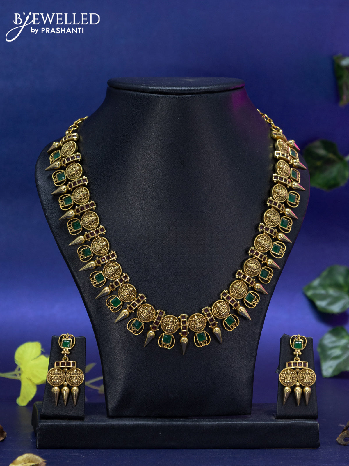 Antique Necklace lakshmi design with kemp stones