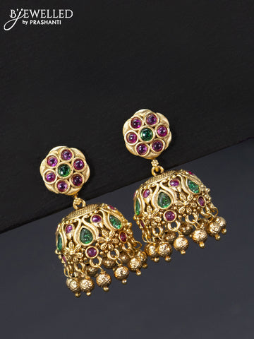 Antique jhumka floral design with kemp stones and golden beads hangings