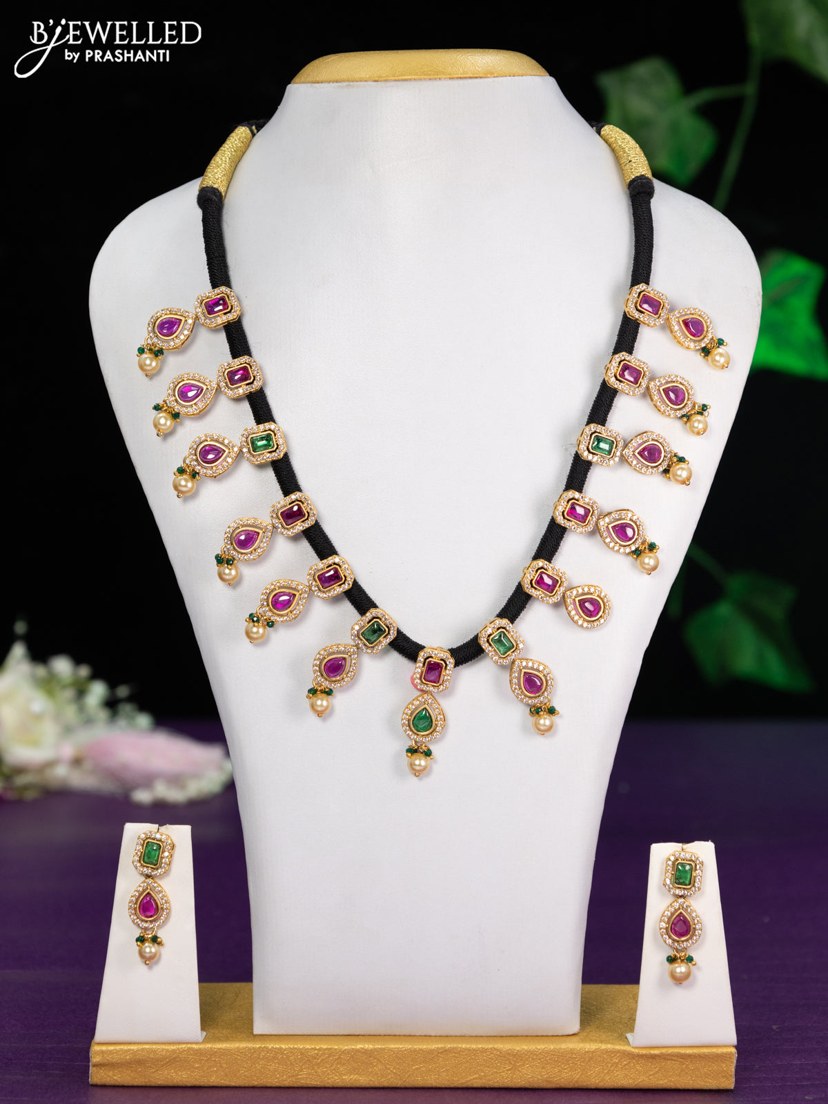 Black thread necklace with kemp & cz stones and pearl hangings