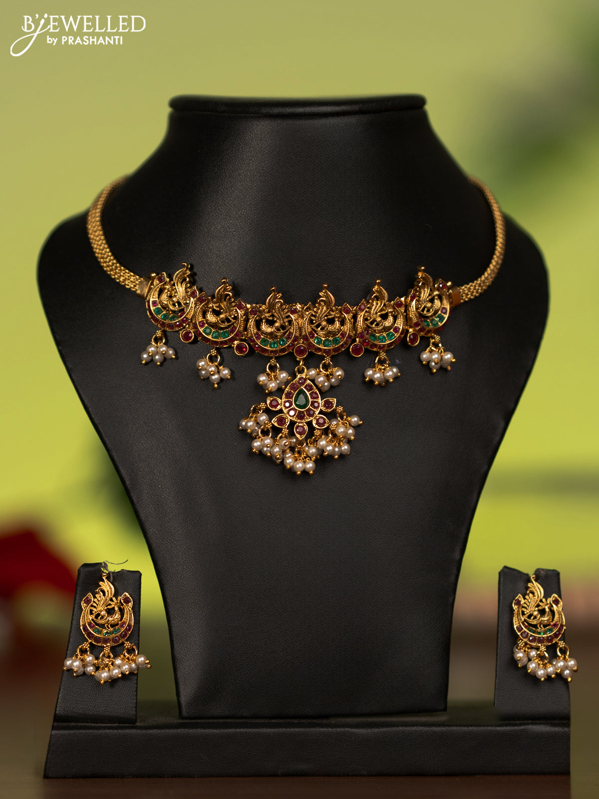 Antique attigai necklace peacock & chandbali design with kemp stones and pearl hangings