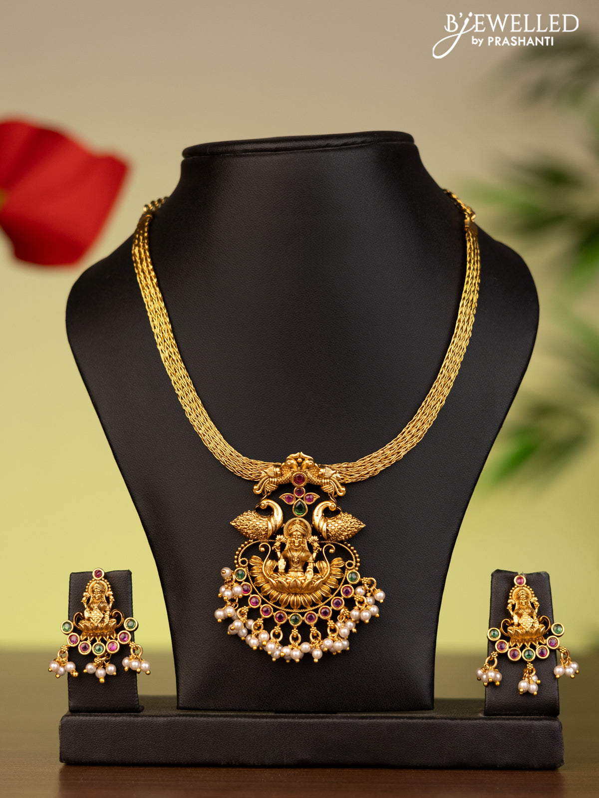 Antique attigai necklace lakshmi pendant with kemp stones and pearl hangings