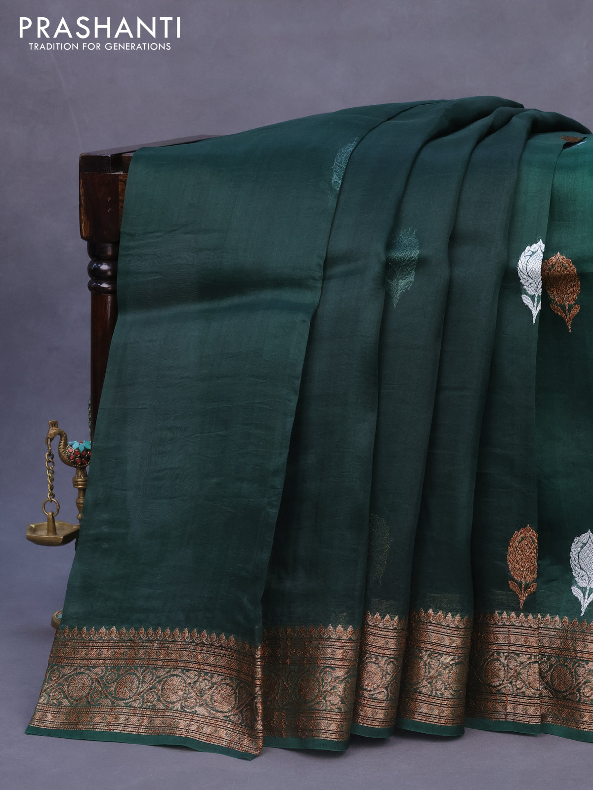 Banarasi organza silk saree dark green with thread & zari woven buttas and banarasi style border