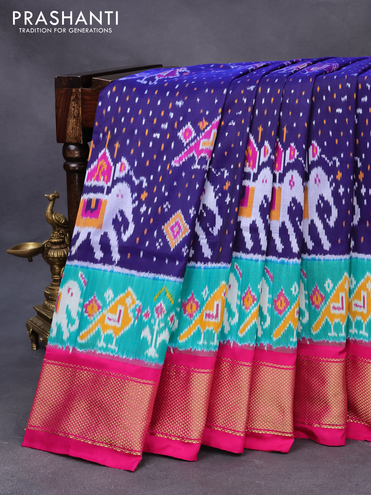 Pochampally silk saree navy blue and magenta pink with allover ikat weaves and ikat woven border