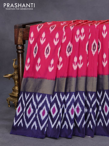 Pochampally silk saree pink and navy blue with allover ikat buttas and long zari woven ikat border