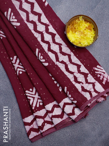 Batik cotton saree wine shade with allover sequin work & batik butta prints and printed lace work border