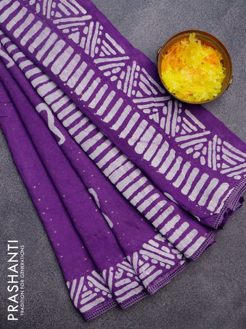 Batik cotton saree violet with allover sequin work & batik butta prints and printed lace work border