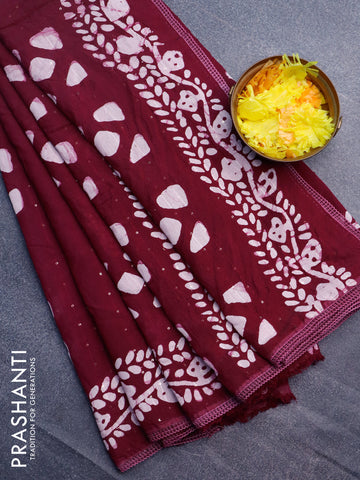 Batik cotton saree wine with allover sequin work & batik butta prints and printed lace work border