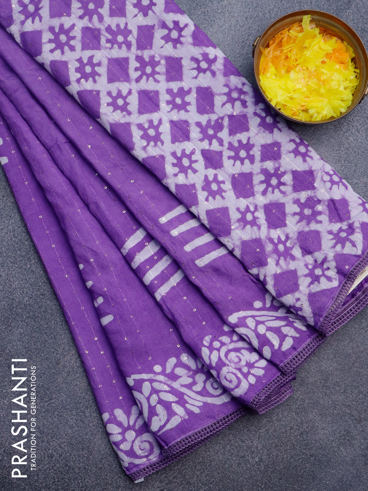 Batik cotton saree violet with allover sequin work & batik butta prints and printed lace work border