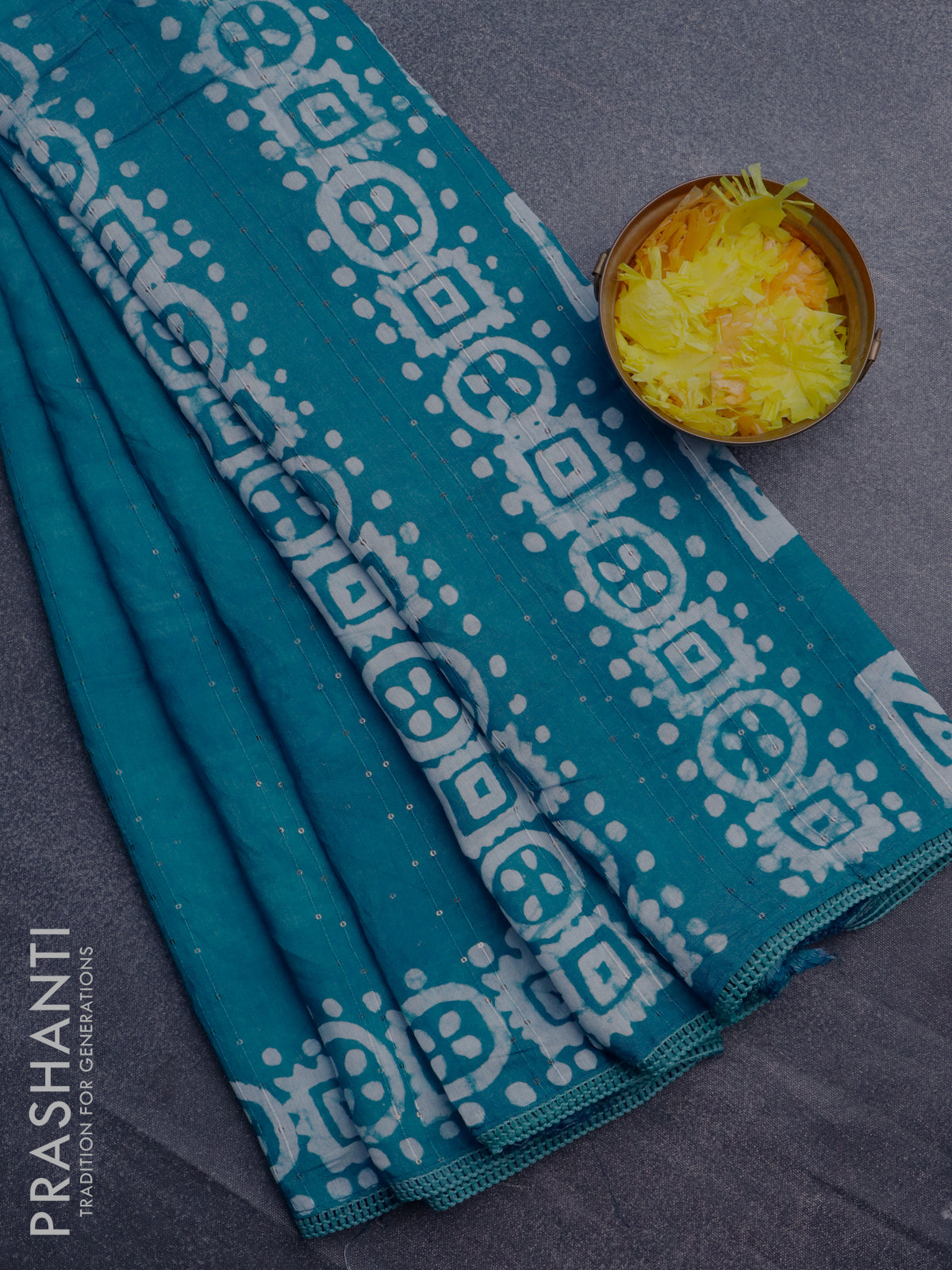 Batik cotton saree teal blue with allover sequin work & batik butta prints and printed lace work border