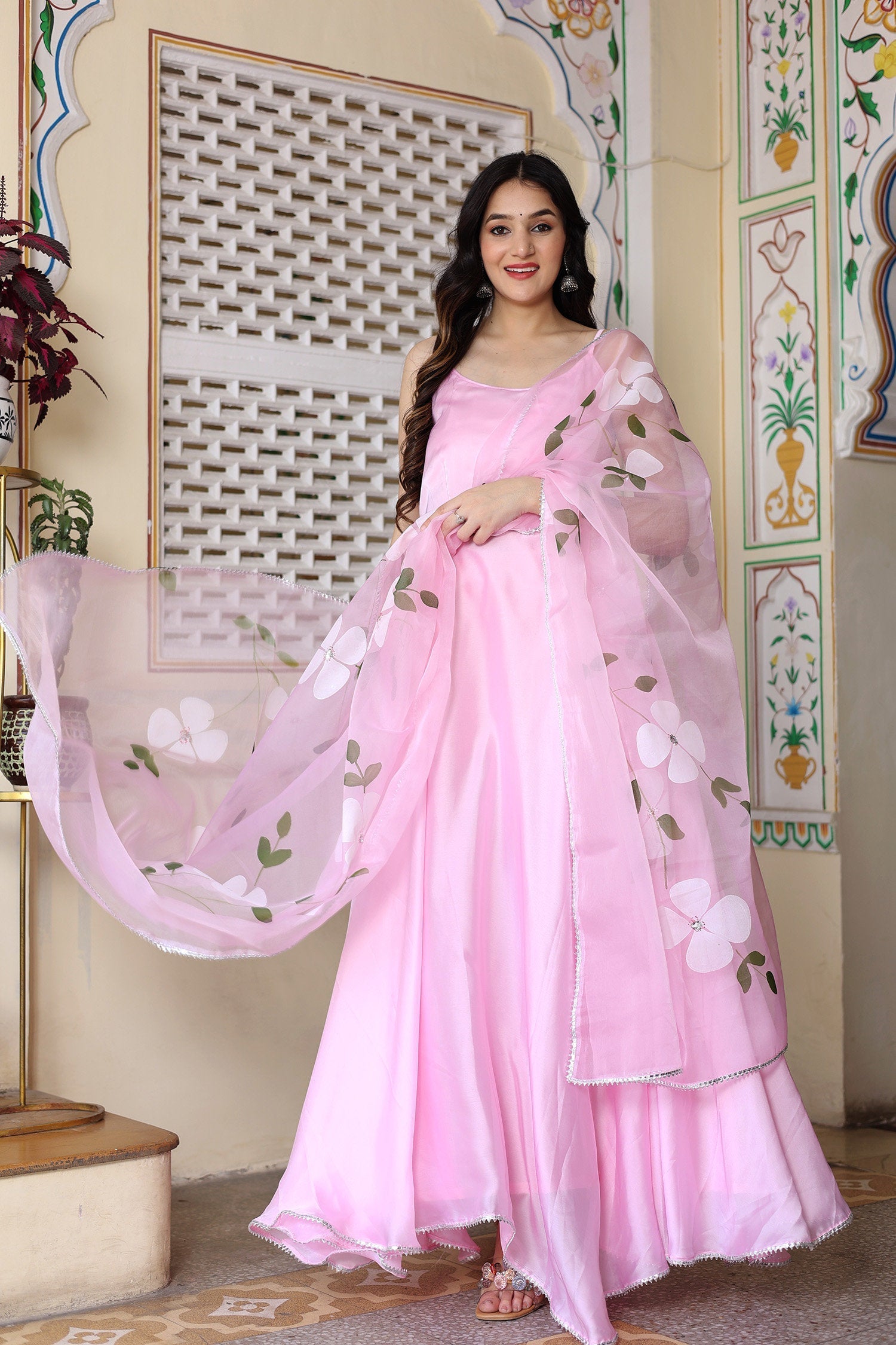 Baby Pink Satin Silk Anarkali Set With Floral Prints