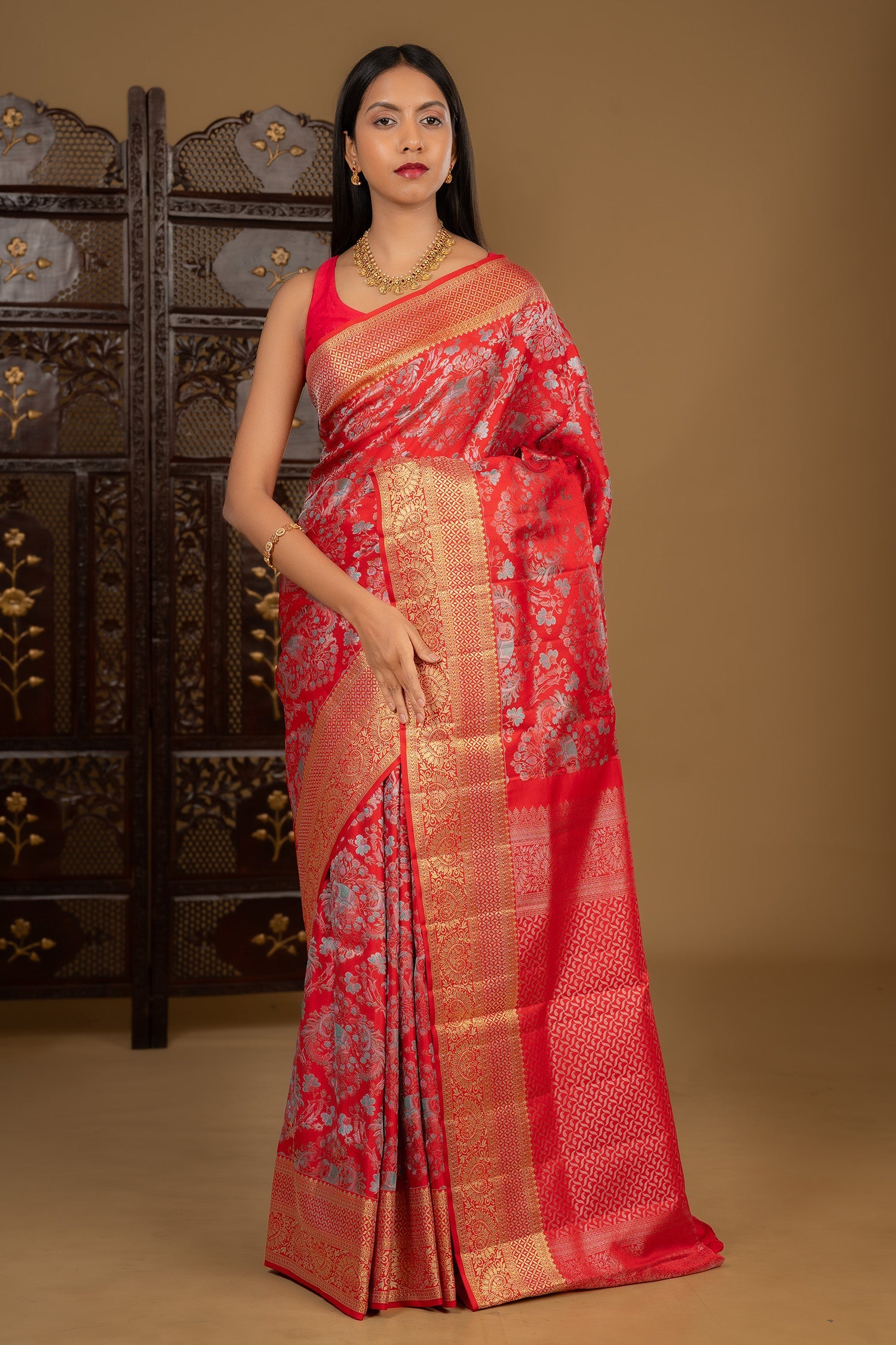 Bright Red Floral Kanjivaram Silk Saree