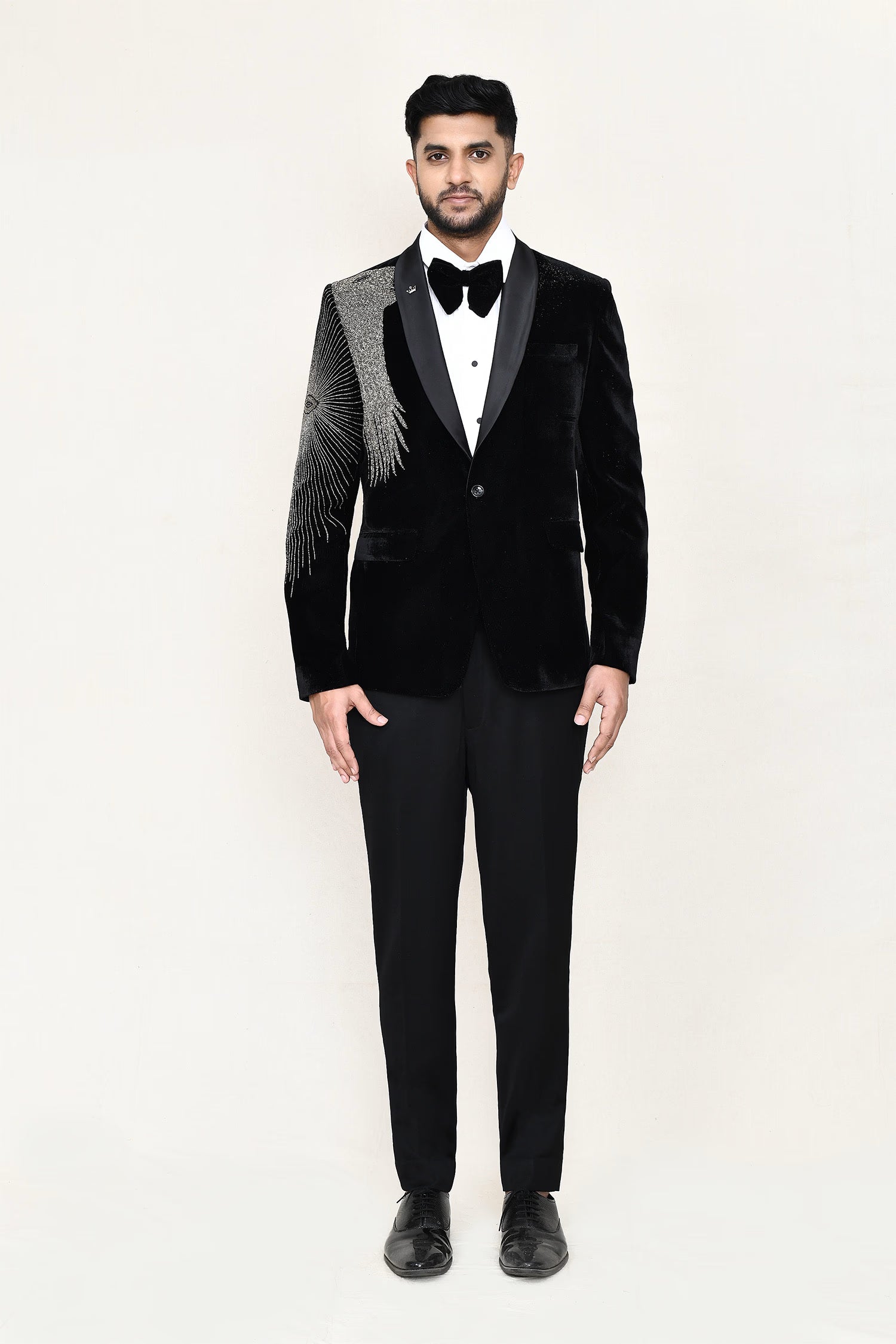 Black Velvet Suit Set With Bow