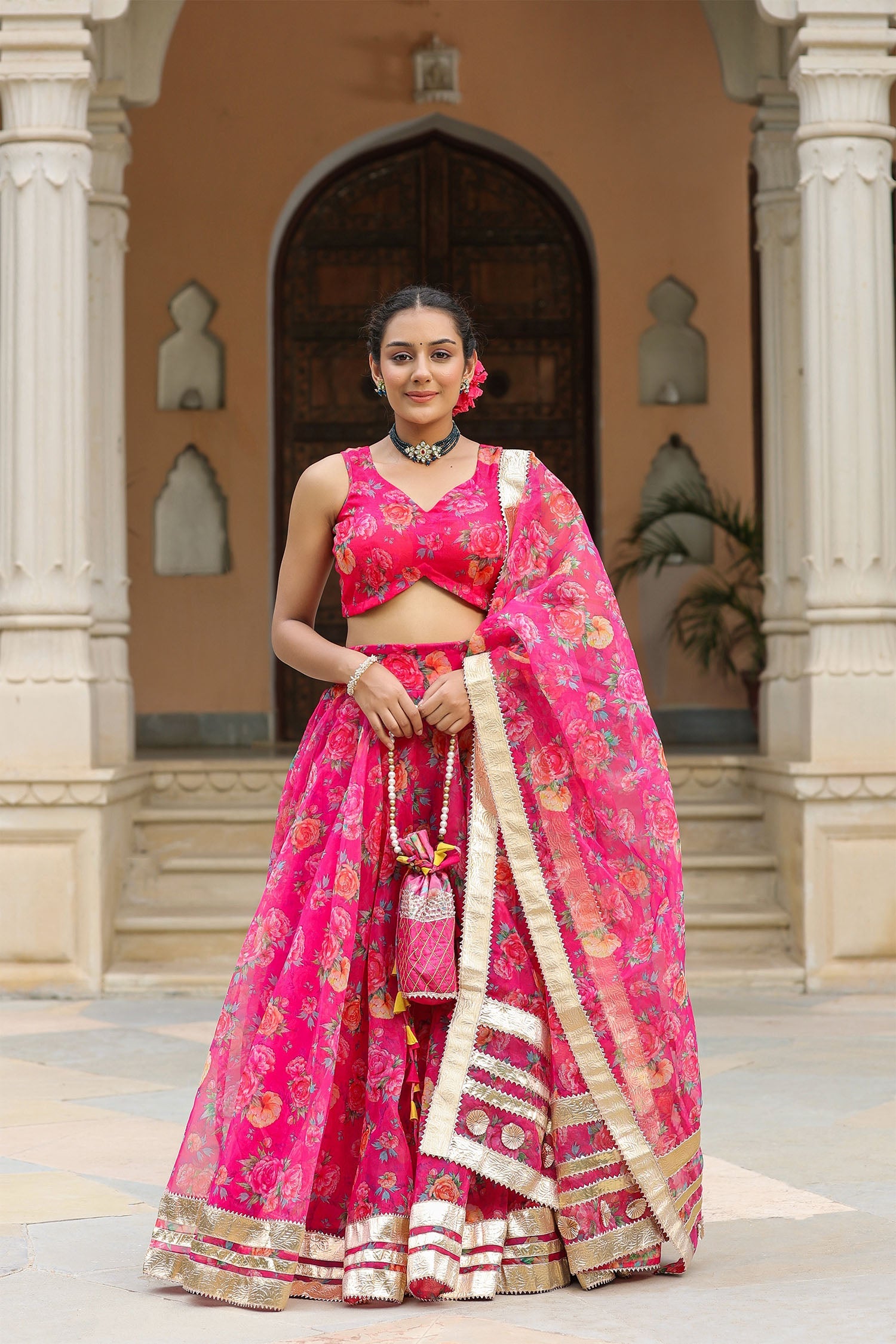 Bright Pink Organza Floral Printed Lehenga Set