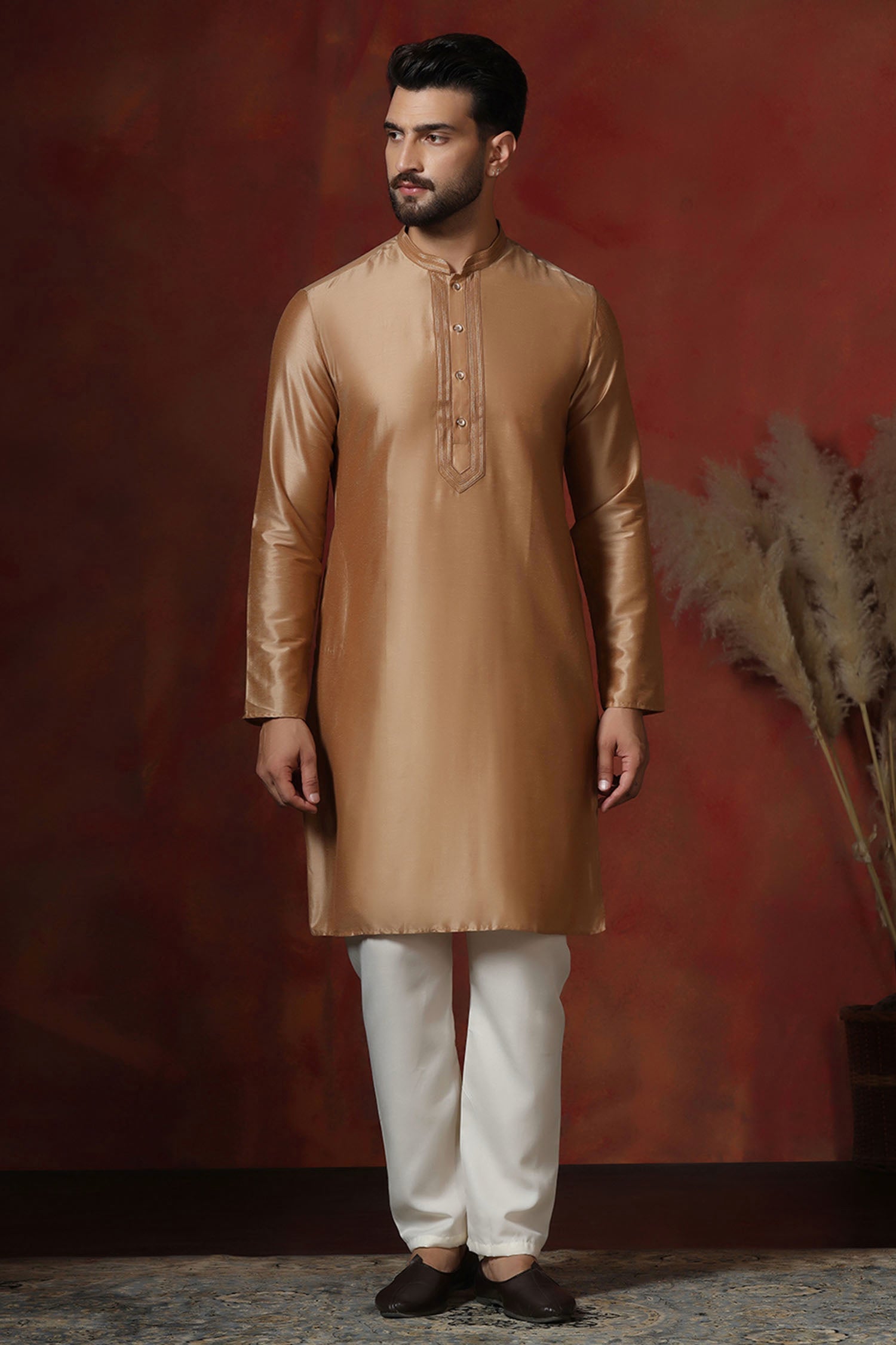 Beige Dupion Solid Kurta Set