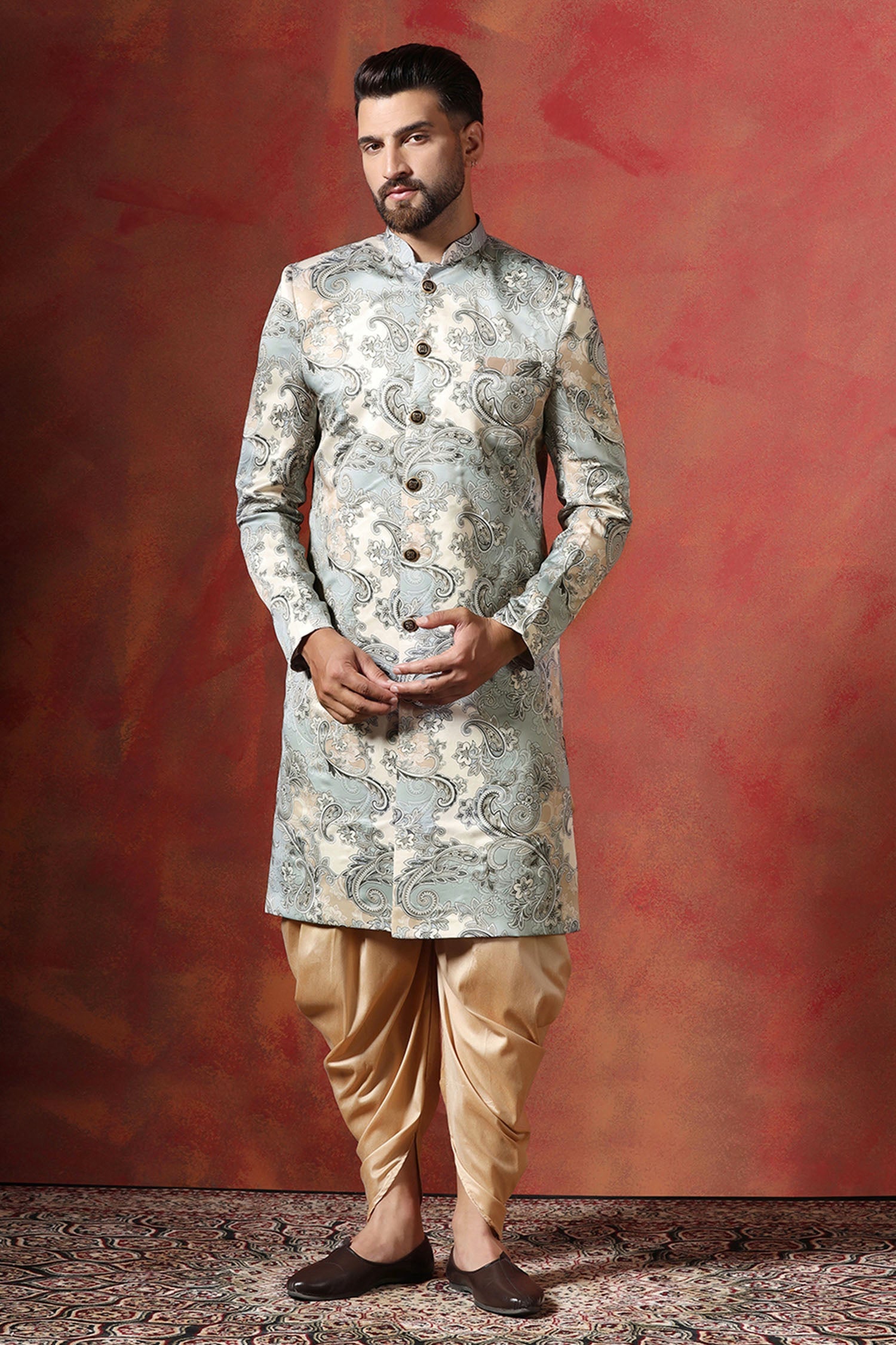 Ash Grey And Cream Printed Cotton Blend Sherwani Set