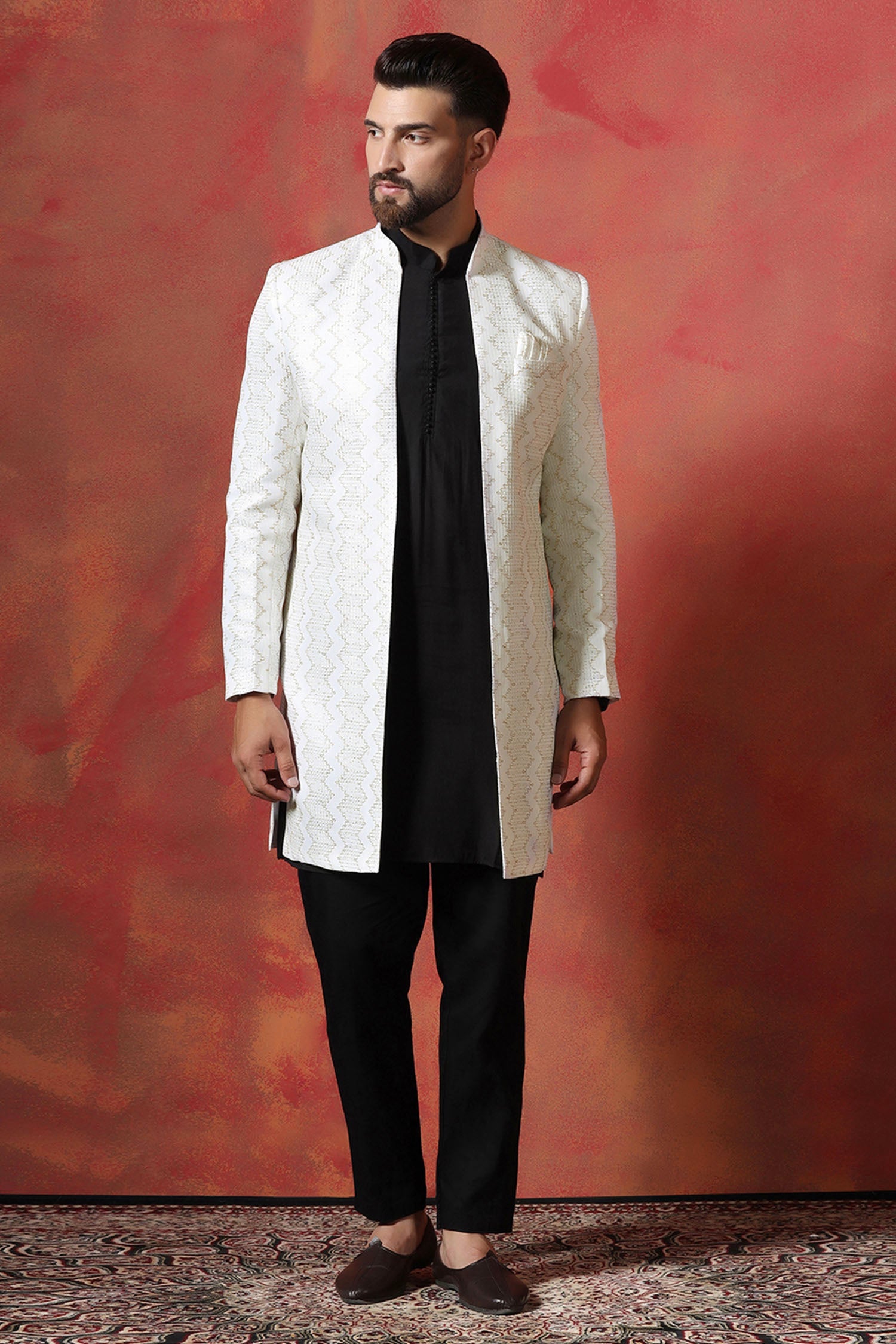 Black And White Cotton Blend Solid Sherwani Set