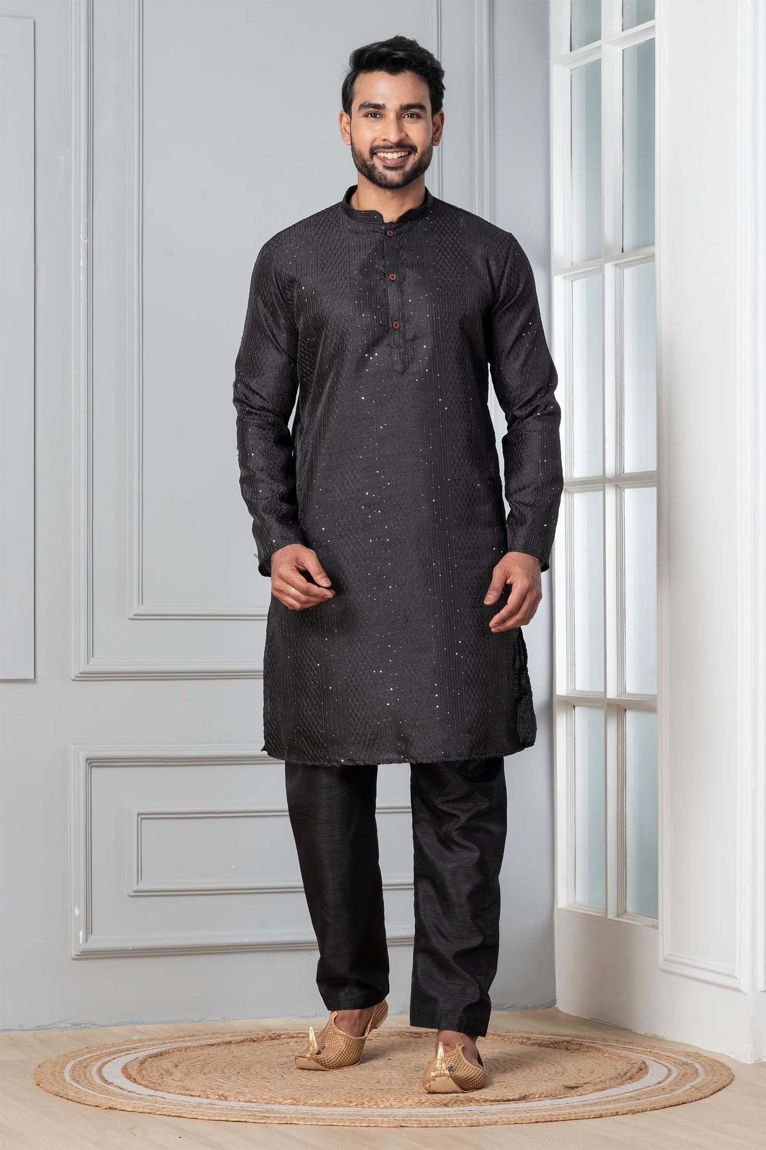 Black Embroidered Silk Blend Kurta Set