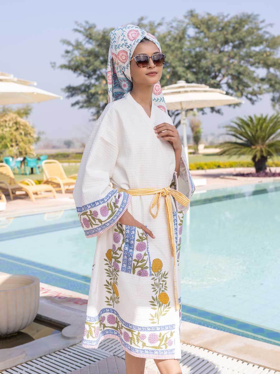 Utsa Waffle Block Printed Cotton Bath Robe