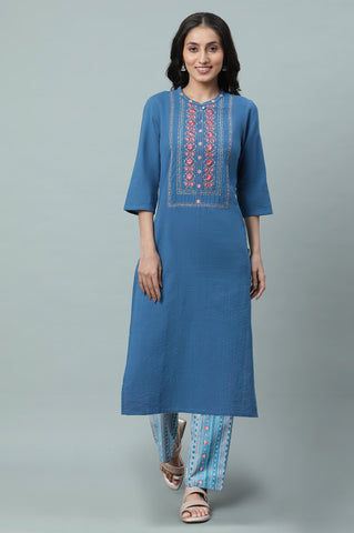 Blue Thread Work Cotton Blend Straight Kurta and Palazzo Set